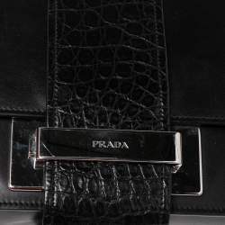 Pre Owned Prada Black Leather and Crocodile Ribbon Flap Shoulder Bag