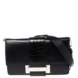 Pre Owned Prada Black Leather and Crocodile Ribbon Flap Shoulder Bag