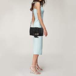 Pre Owned Prada Black Leather and Crocodile Ribbon Flap Shoulder Bag