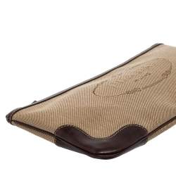 Pre Owned Prada Beige/Brown Jacquard Canvas And Leather Zip Pouch