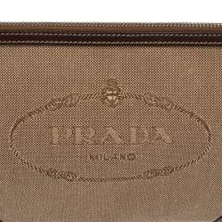 Pre Owned Prada Beige/Brown Jacquard Canvas And Leather Zip Pouch