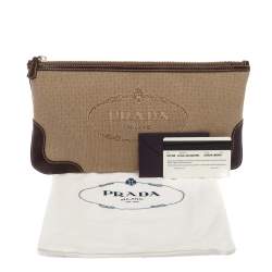 Pre Owned Prada Beige/Brown Jacquard Canvas And Leather Zip Pouch