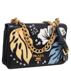 Pre Owned Prada Black Leather Hawaii Chain Flap Crossbody Bag