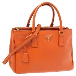 Pre Owned Prada Orange Saffiano Lux Leather Medium Double Zip Tote