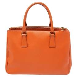 Pre Owned Prada Orange Saffiano Lux Leather Medium Double Zip Tote