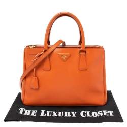 Pre Owned Prada Orange Saffiano Lux Leather Medium Double Zip Tote