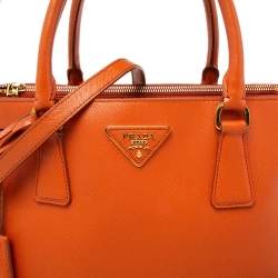Pre Owned Prada Orange Saffiano Lux Leather Medium Double Zip Tote