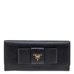 Pre Owned Prada Black Saffiano Fiocco Leather Bow Continental Wallet