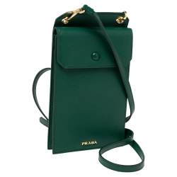 Pre Owned Prada Green Saffiano Lux Leather Phone Holder Crossbody Bag