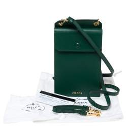 Pre Owned Prada Green Saffiano Lux Leather Phone Holder Crossbody Bag