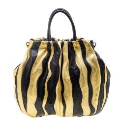 Pre Owned Prada Black/Metallic Gold Leather Stripe Tote