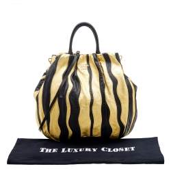 Pre Owned Prada Black/Metallic Gold Leather Stripe Tote