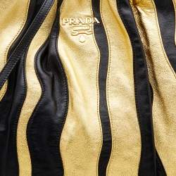 Pre Owned Prada Black/Metallic Gold Leather Stripe Tote
