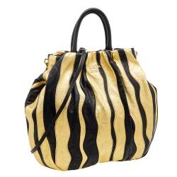 Pre Owned Prada Black/Metallic Gold Leather Stripe Tote