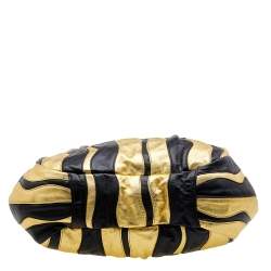 Pre Owned Prada Black/Metallic Gold Leather Stripe Tote