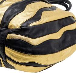 Pre Owned Prada Black/Metallic Gold Leather Stripe Tote