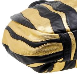 Pre Owned Prada Black/Metallic Gold Leather Stripe Tote