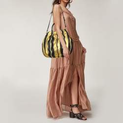 Pre Owned Prada Black/Metallic Gold Leather Stripe Tote