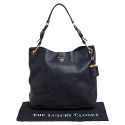 Pre Owned Prada Black Vitello Daino Leather Logo Shoulder Bag