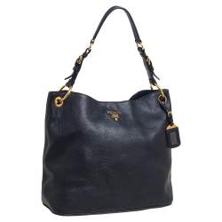 Pre Owned Prada Black Vitello Daino Leather Logo Shoulder Bag