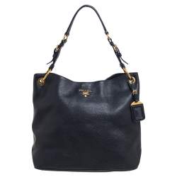 Pre Owned Prada Black Vitello Daino Leather Logo Shoulder Bag