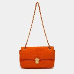 Pre Owned Prada Orange Quilted Nylon Pushlock Flap Chain Shoulder Bag