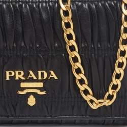 Pre Owned Prada Black Nappa Gaufre Leather Wallet On Chain