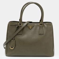 Pre Owned Prada Olive Green Saffiano Leather Medium Double Zip Galleria Tote
