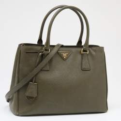 Pre Owned Prada Olive Green Saffiano Leather Medium Double Zip Galleria Tote