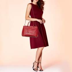 Pre Owned Prada Red Saffiano Lux Leather Medium Double Zip Tote