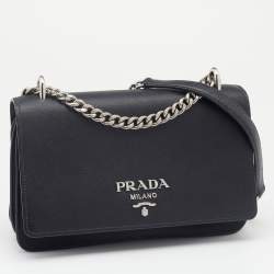 Pre Owned Prada Black Saffiano Leather And Nylon Flap Shoulder Bag