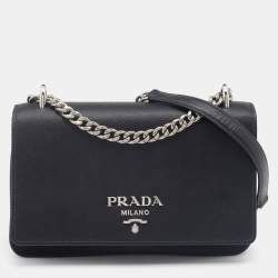 Pre Owned Prada Black Saffiano Leather And Nylon Flap Shoulder Bag