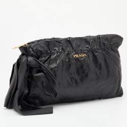 Pre Owned Prada Black Leather Antique Large Bow Zip Clutch