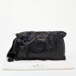 Pre Owned Prada Black Leather Antique Large Bow Zip Clutch