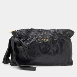 Pre Owned Prada Black Leather Antique Large Bow Zip Clutch