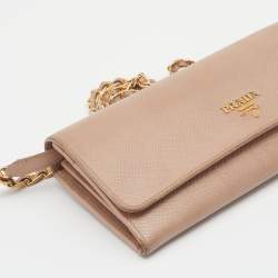 Pre Owned Prada Beige Saffiano Leather Wallet on Chain