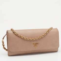 Pre Owned Prada Beige Saffiano Leather Wallet on Chain