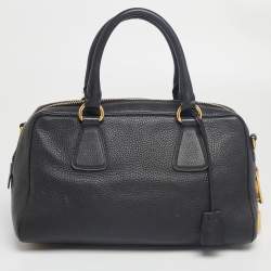 Pre Owned Prada Black Vitello Daino Leather Logo Satchel