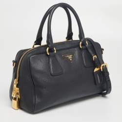 Pre Owned Prada Black Vitello Daino Leather Logo Satchel
