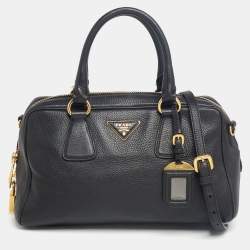 Pre Owned Prada Black Vitello Daino Leather Logo Satchel