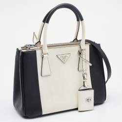 Pre Owned Prada Black/White Saffiano Leather Small Double Zip Tote