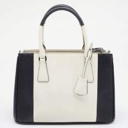 Pre Owned Prada Black/White Saffiano Leather Small Double Zip Tote