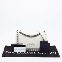 Prada Off White Leather Studded Flap Shoulder Bag