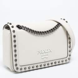 Prada Off White Leather Studded Flap Shoulder Bag