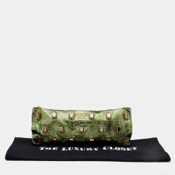 Pre Owned Prada Metallic Green Python Jewel Embellished Clutch
