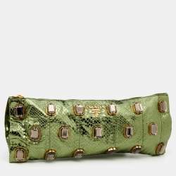 Pre Owned Prada Metallic Green Python Jewel Embellished Clutch