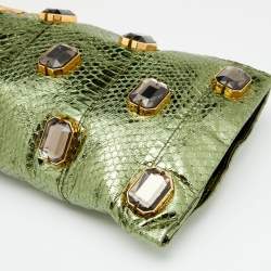Pre Owned Prada Metallic Green Python Jewel Embellished Clutch