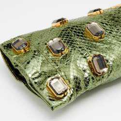 Pre Owned Prada Metallic Green Python Jewel Embellished Clutch