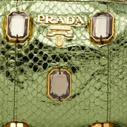 Pre Owned Prada Metallic Green Python Jewel Embellished Clutch