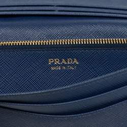 Pre Owned Prada Blue Saffiano Metal Frame Leather Flap Continental Wallet